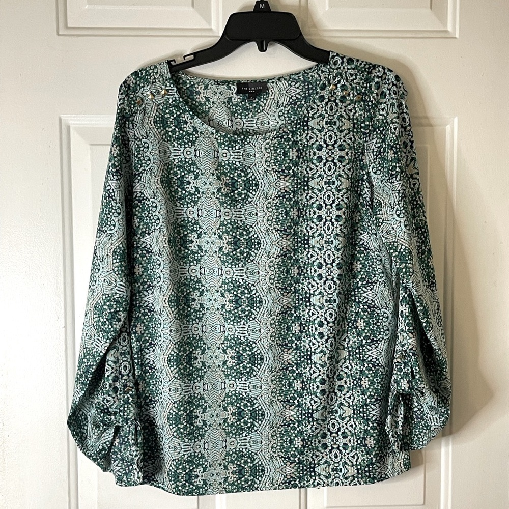 The Limited pattern blouse in blue and green.